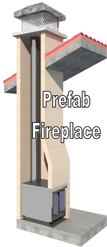 A prefabricated fireplace is shown with a cutout of the chase showing the chimney.
