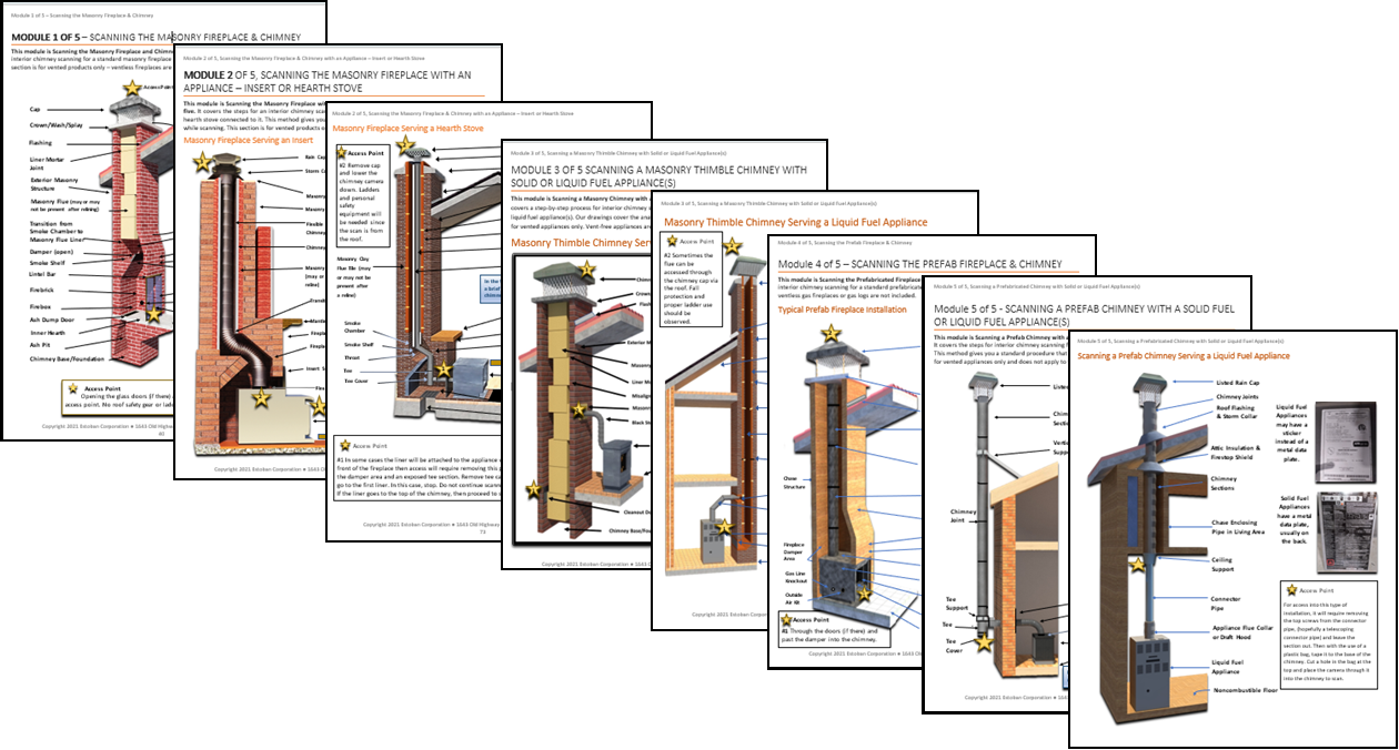There are 8 chimney installation diagrams with parts labeled.